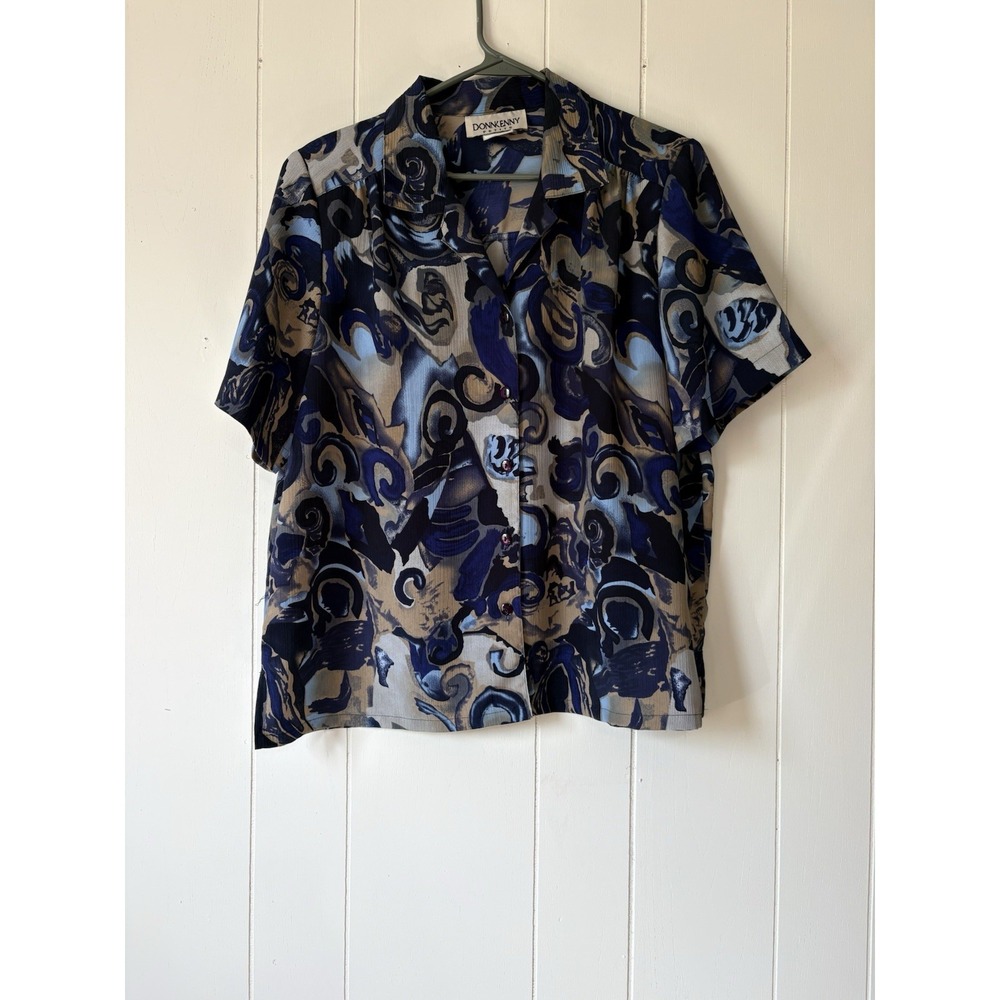 Donkenny Petite Womens PL Abstract Print Button Front Blouse BlueTan ShortSleeve